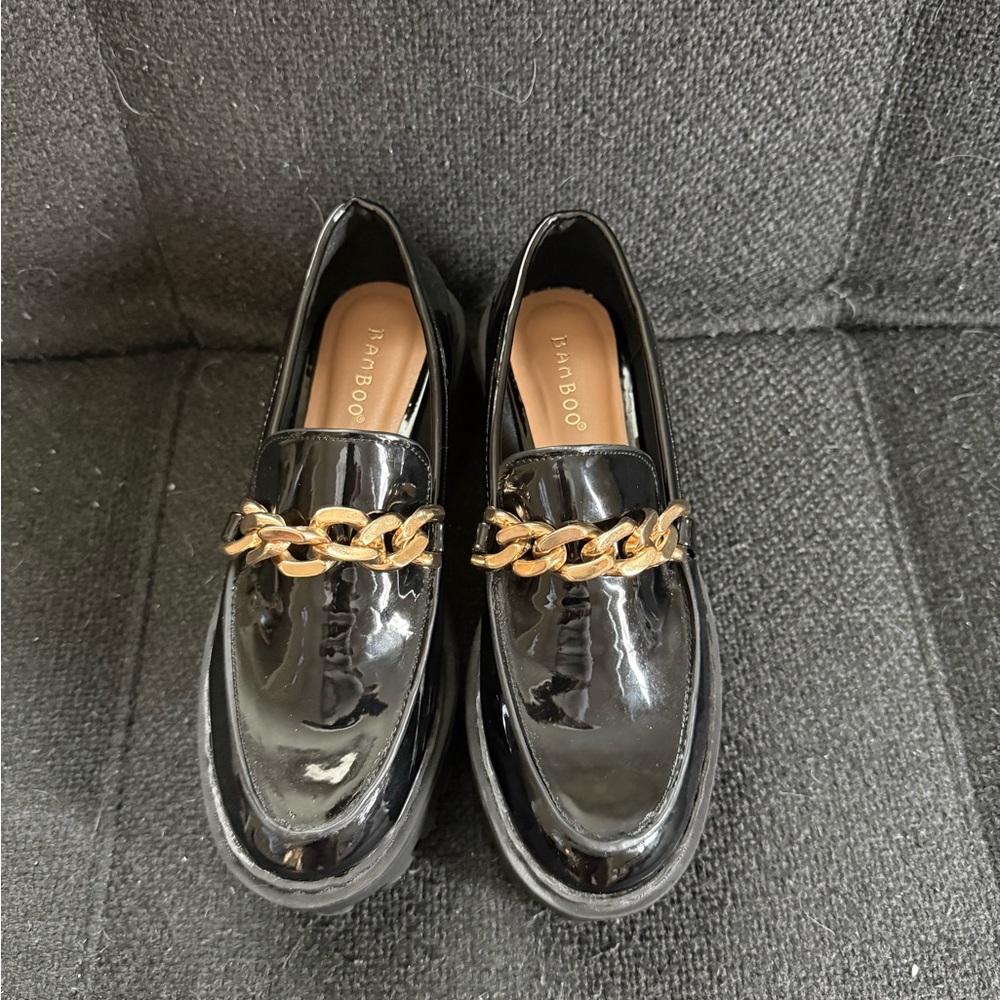 BAMBOO Black and Gold Slip-On Loafers with Chain Detail Women Shoes/Men